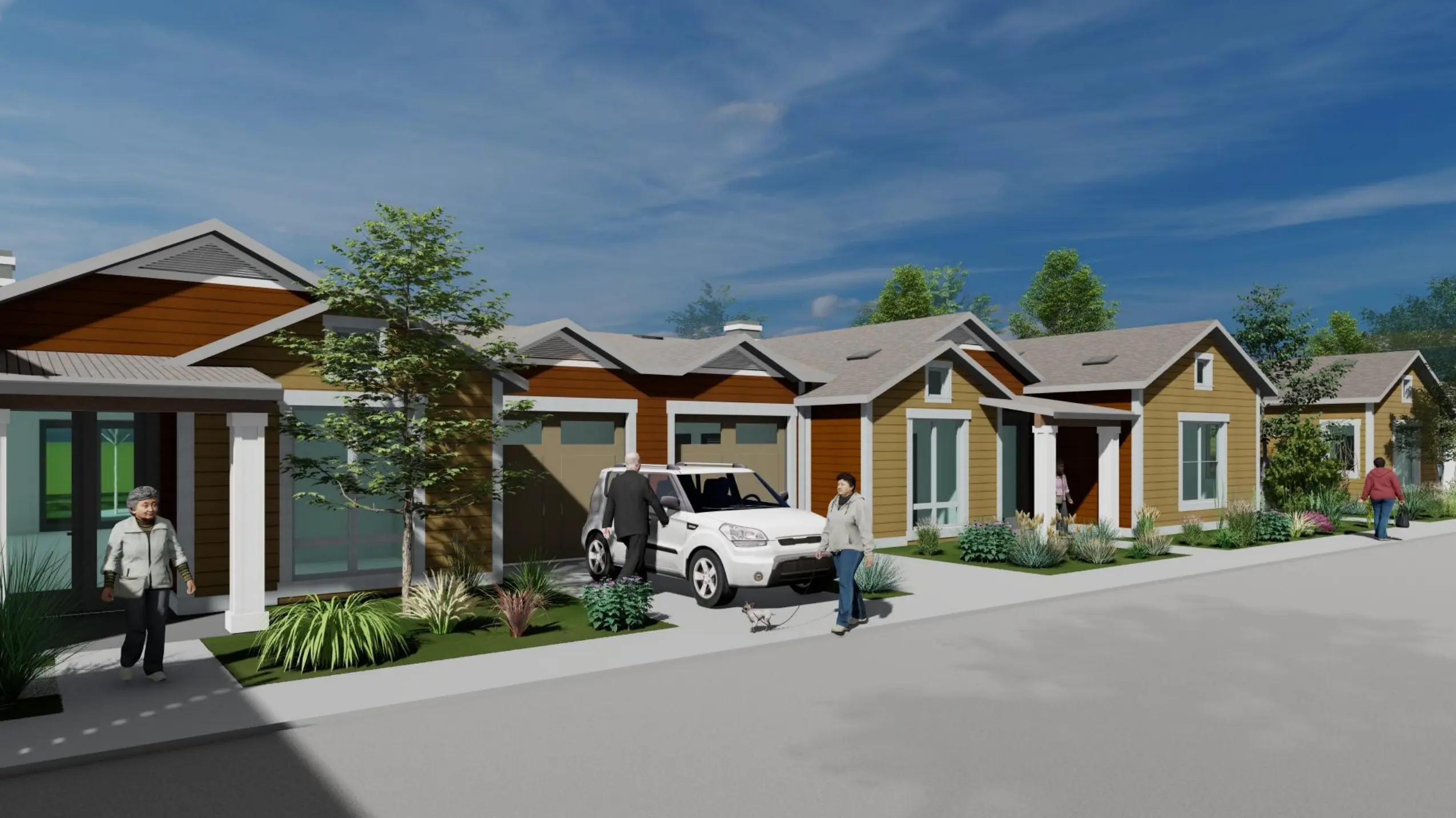 People walk around outside a row of residences at University Retirement Community